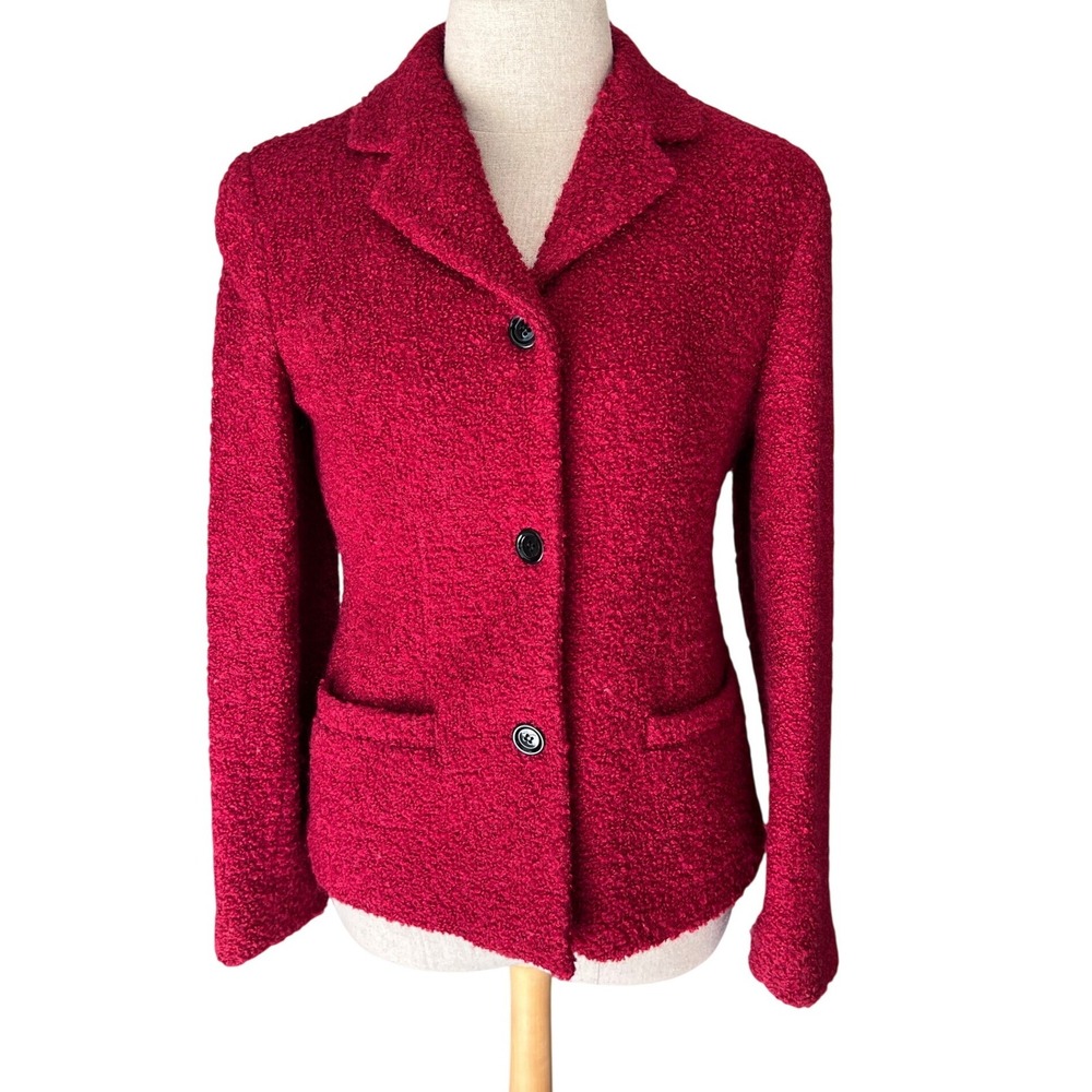 Ann Taylor Blazer S 4 Red Wool Blend Boucle Notched Academia Christmas Vintage